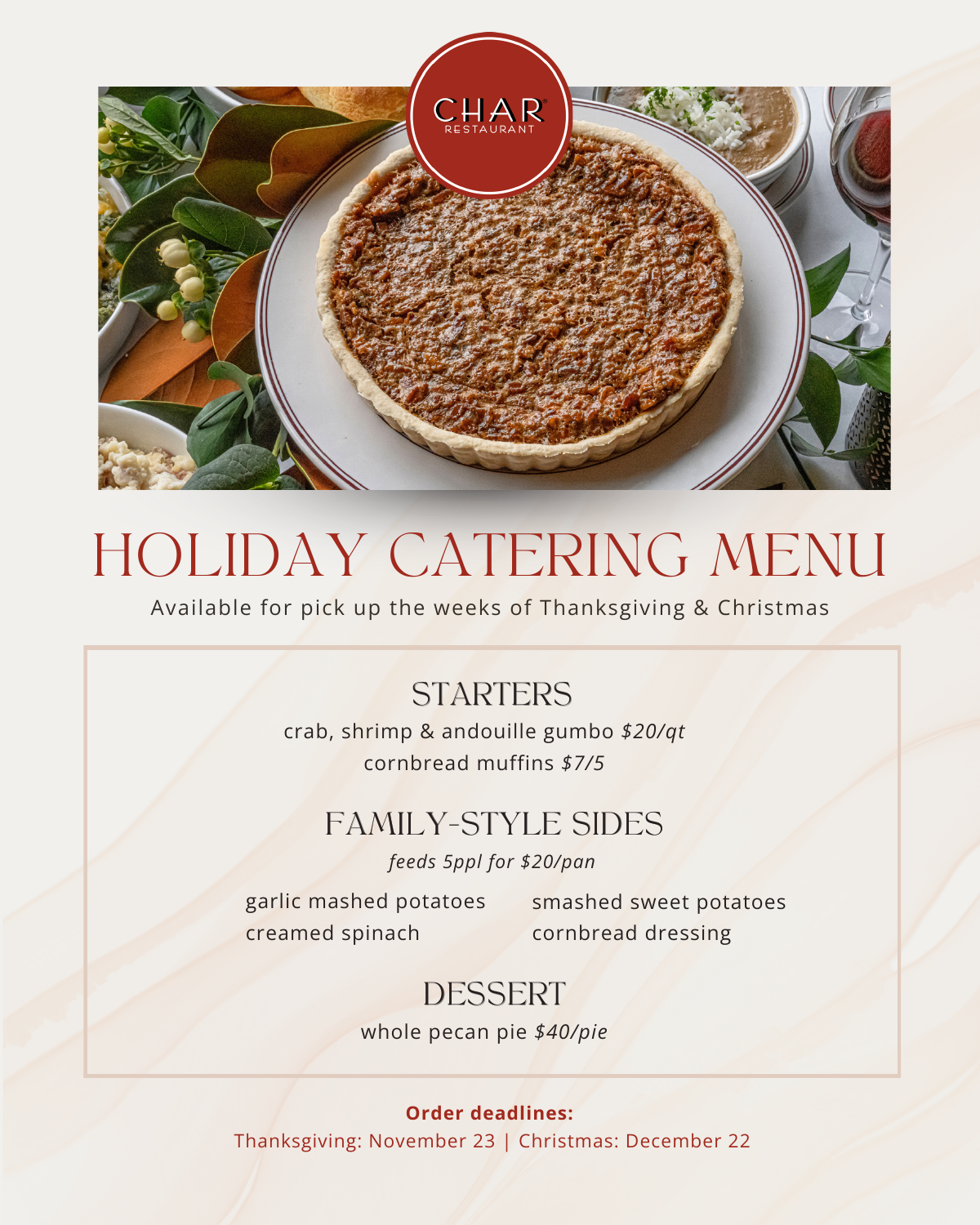 Char holiday catering menu. View the PDF for the full accessible entries